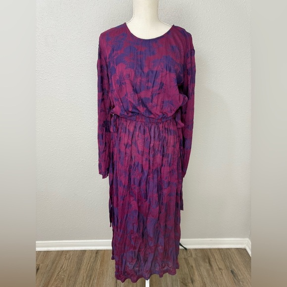ZARA Wrinkled Jacquard Floral Midi Dress Dark Maroon Cut Out Sz M-L - Picture 4 of 13